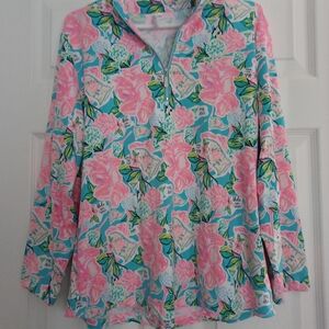 Lulu-B Womens Size L Pink & Aqua Floral Golf 19th Hole Quarter-Zip Pullover